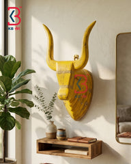 18 Inch Handcrafted Wooden Nandi Bull Head Wall Plaque Mustard Yellow Brass Embossed Sacred Wall Sculpture | Handcrafted by KB ART, Jodhpur