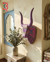 18 Inch Handcrafted Wooden Nandi Bull Head Wall Plaque Vintage Purple Patina Sacred Wall Sculpture | Handcrafted by KB ART, Jodhpur