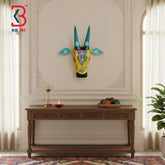 16 Inch Handcrafted Wooden Cow Head Wall Hanging Mustard Yellow Teal Horns Daisy Sacred Wall Sculpture | Handcrafted by KB ART, Jodhpur