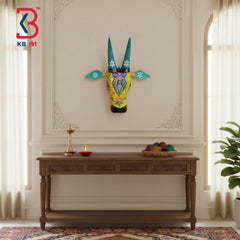 16 Inch Handcrafted Wooden Cow Head Wall Hanging Mustard Yellow Teal Horns Daisy Sacred Wall Sculpture | Handcrafted by KB ART, Jodhpur