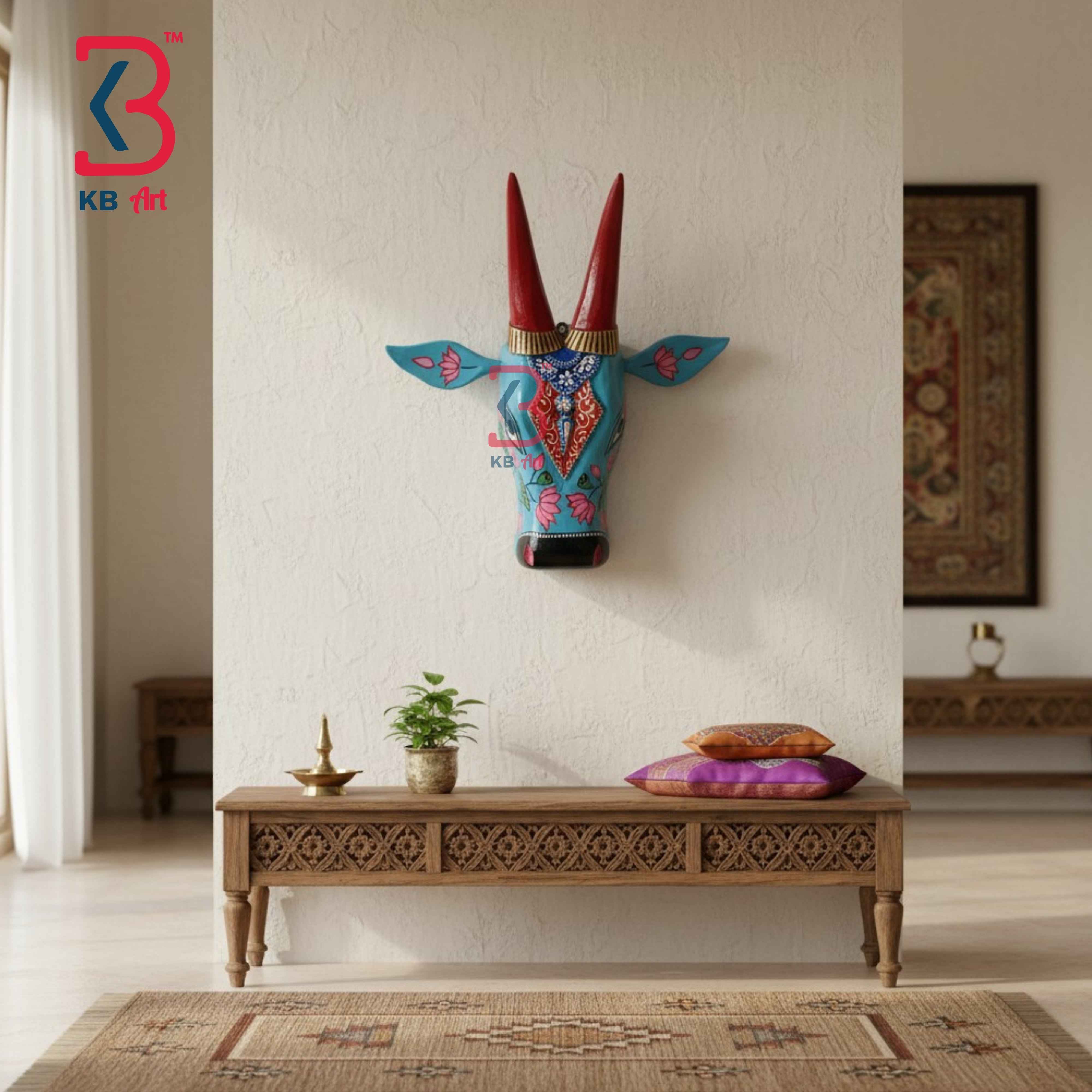 KB ART 16 Inch Handcrafted Wooden Cow Head Wall Hanging Sky Blue Crimson Horns Lotus Vines Sacred Wall Sculpture