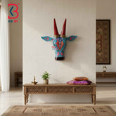 KB ART 16 Inch Handcrafted Wooden Cow Head Wall Hanging Sky Blue Crimson Horns Lotus Vines Sacred Wall Sculpture