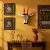 16 Inch Handcrafted Wooden Cow Head Wall Hanging Antique White Orange Horns Purple Rosettes Sacred Wall Sculpture | Handcrafted by KB ART, Jodhpur