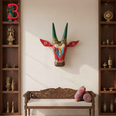 KB ART 16 Inch Handcrafted Wooden Cow Head Wall Hanging Crimson Red Green Horns Gold Fluting Sacred Wall Sculpture
