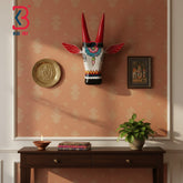 16 Inch Handcrafted Wooden Cow Head Wall Hanging Antique White Crimson Horns Sawtooth Hansli Sacred Wall Sculpture | Handcrafted by KB ART, Jodhpur