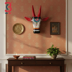 16 Inch Handcrafted Wooden Cow Head Wall Hanging Antique White Crimson Horns Sawtooth Hansli Sacred Wall Sculpture | Handcrafted by KB ART, Jodhpur
