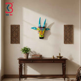 KB ART 16 Inch Handcrafted Wooden Cow Head Wall Hanging Mustard Yellow Cyan Horns Lotus Vines Sacred Wall Sculpture
