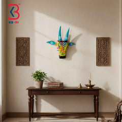 KB ART 16 Inch Handcrafted Wooden Cow Head Wall Hanging Mustard Yellow Cyan Horns Lotus Vines Sacred Wall Sculpture