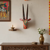 18 Inch Handcrafted Wooden Deer Head Wall Hanging Coral Terracotta Spiral Horns Grand Wall Decor | Handcrafted by KB ART, Jodhpur