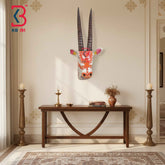 KB ART 18 Inch Handcrafted Wooden Deer Head Wall Hanging Antique White Coral Shringar Spiral Horns Wall Decor