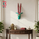 18 Inch Handcrafted Wooden Deer Head Wall Hanging Turquoise Cyan Striped Horns Grand Wall Decor | Handcrafted by KB ART, Jodhpur