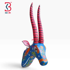 KB ART 18 Inch Handcrafted Wooden Deer Head Wall Hanging Royal Blue Striped Horns Grand Wall Decor