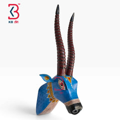 KB ART 18 Inch Handcrafted Wooden Deer Head Wall Hanging Cobalt Blue Gilded Harness Spiral Horns Wall Decor