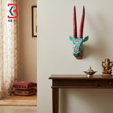 18 Inch Handcrafted Wooden Deer Head Wall Hanging Mint Turquoise Tribal Lace Spiral Horns Wall Decor | Handcrafted by KB ART, Jodhpur