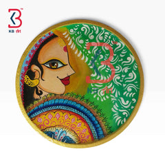 KB ART 12 Inch Handcrafted Wooden Wall Plate Modern Indian Woman Portrait Green Mandala Folk Art Wall Decor