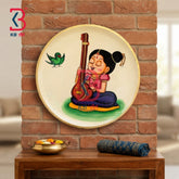 KB ART Ethnic indian handcrafted wooden wall hanging plate veena girl – original product photo on white background