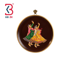 KB ART 12 Inch Handcrafted Wooden Wall Plate Rajasthani Ghoomar Dancers Chocolate Brown Traditional Wall Decor