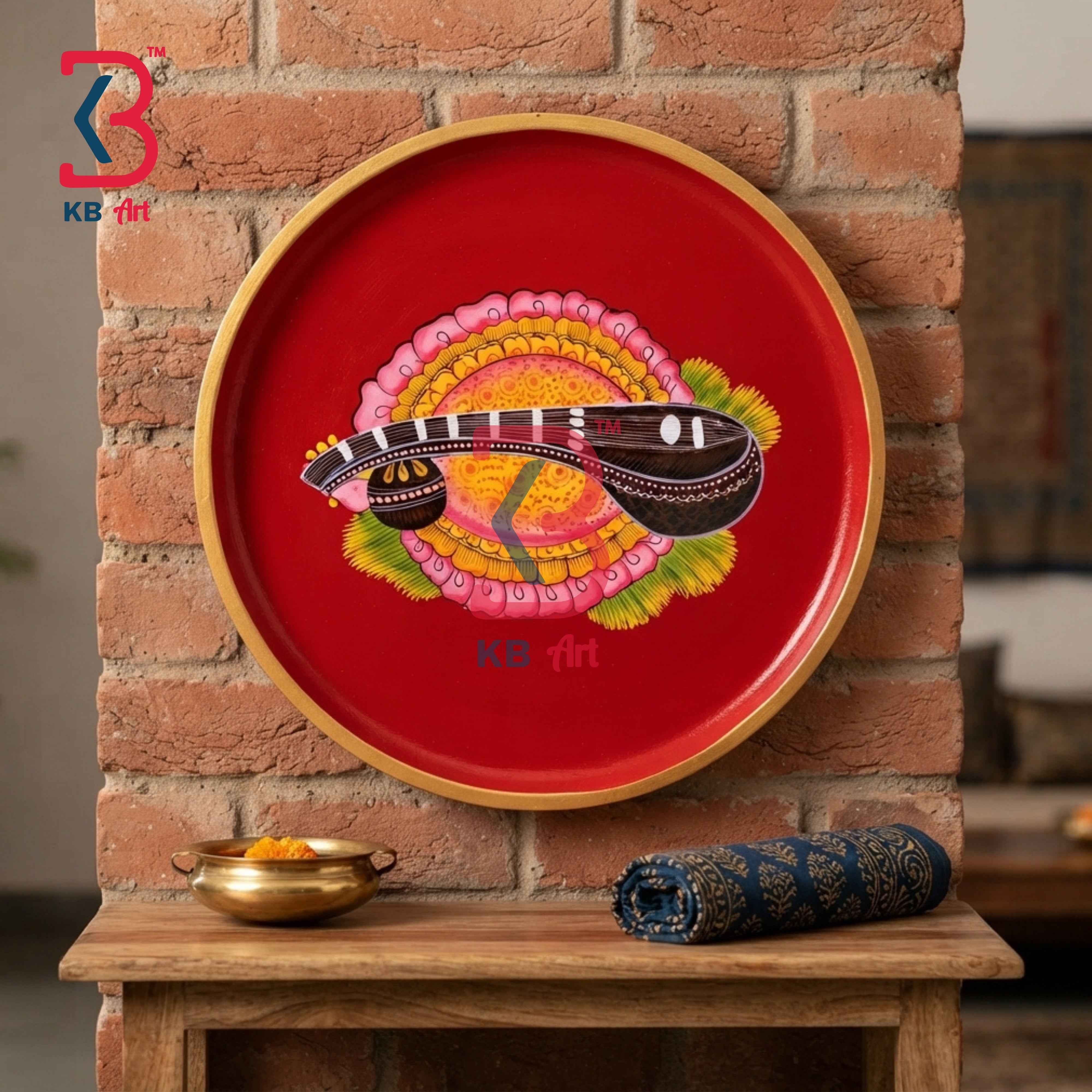 KB ART 12 Inch Handcrafted Wooden Wall Plate Sacred Saraswati Veena Mandala Crimson Red Wall Decor