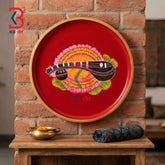 KB ART 12 Inch Handcrafted Wooden Wall Plate Sacred Saraswati Veena Mandala Crimson Red Wall Decor
