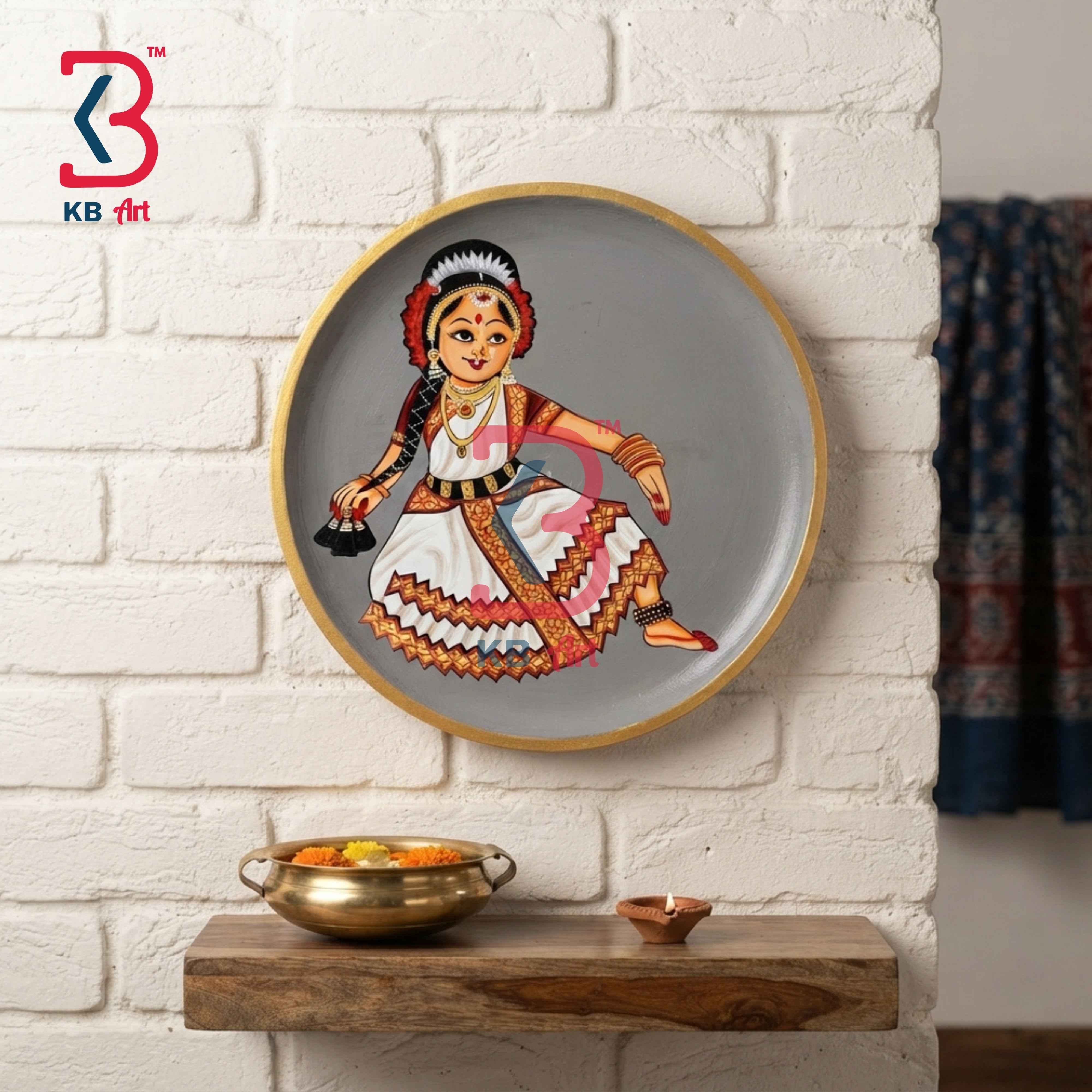 KB ART 12 Inch Handcrafted Wooden Wall Plate Classical Kathak Dancer Slate Grey Traditional Wall Decor