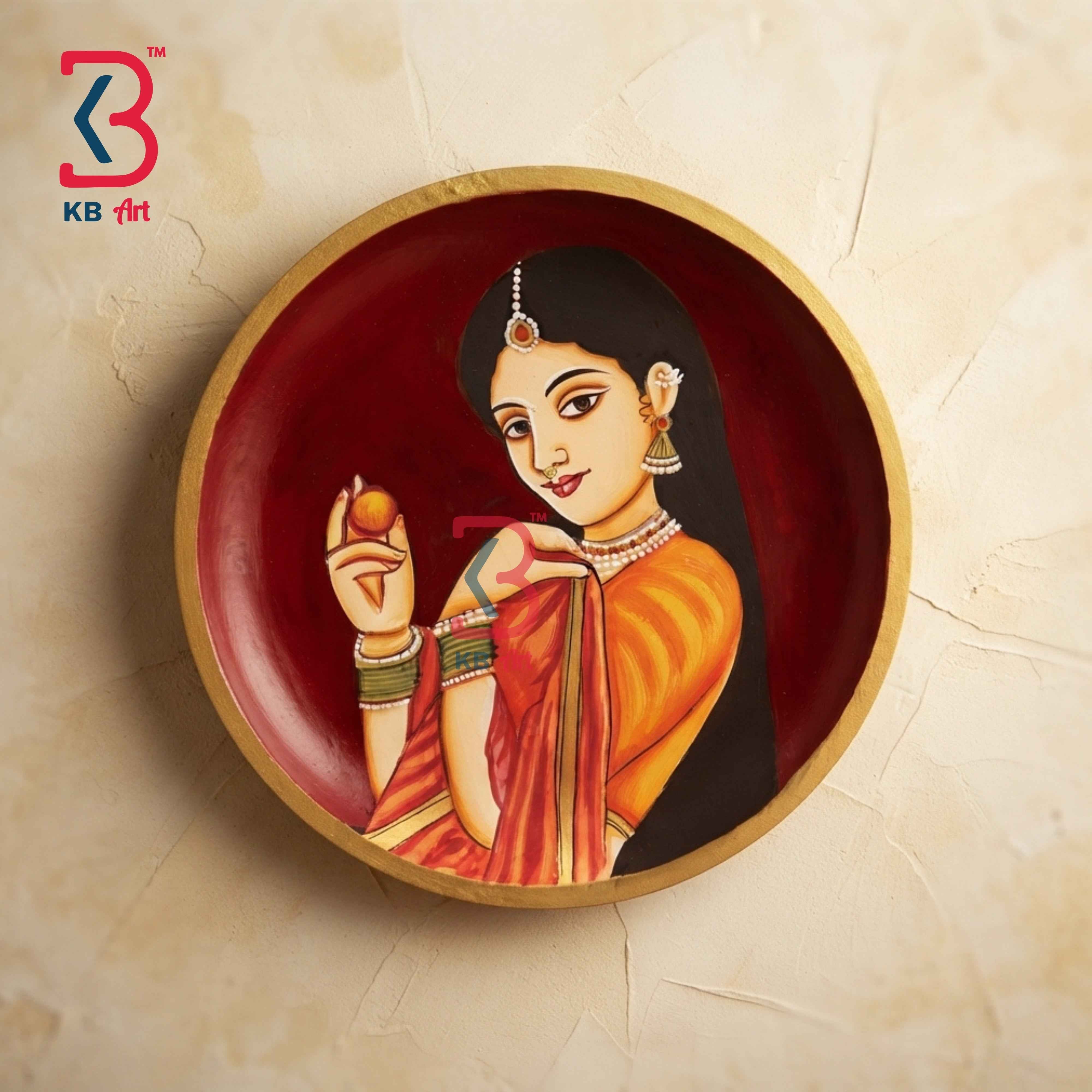 KB ART 12 Inch Handcrafted Wooden Wall Plate Royal Rajasthani Nayika Crimson Red Traditional Wall Decor