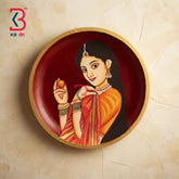 KB ART 12 Inch Handcrafted Wooden Wall Plate Royal Rajasthani Nayika Crimson Red Traditional Wall Decor