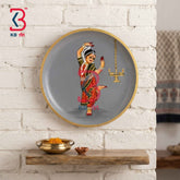 KB ART 12 Inch Handcrafted Wooden Wall Plate Bharatanatyam Dancer Temple Deepam Slate Grey Wall Decor