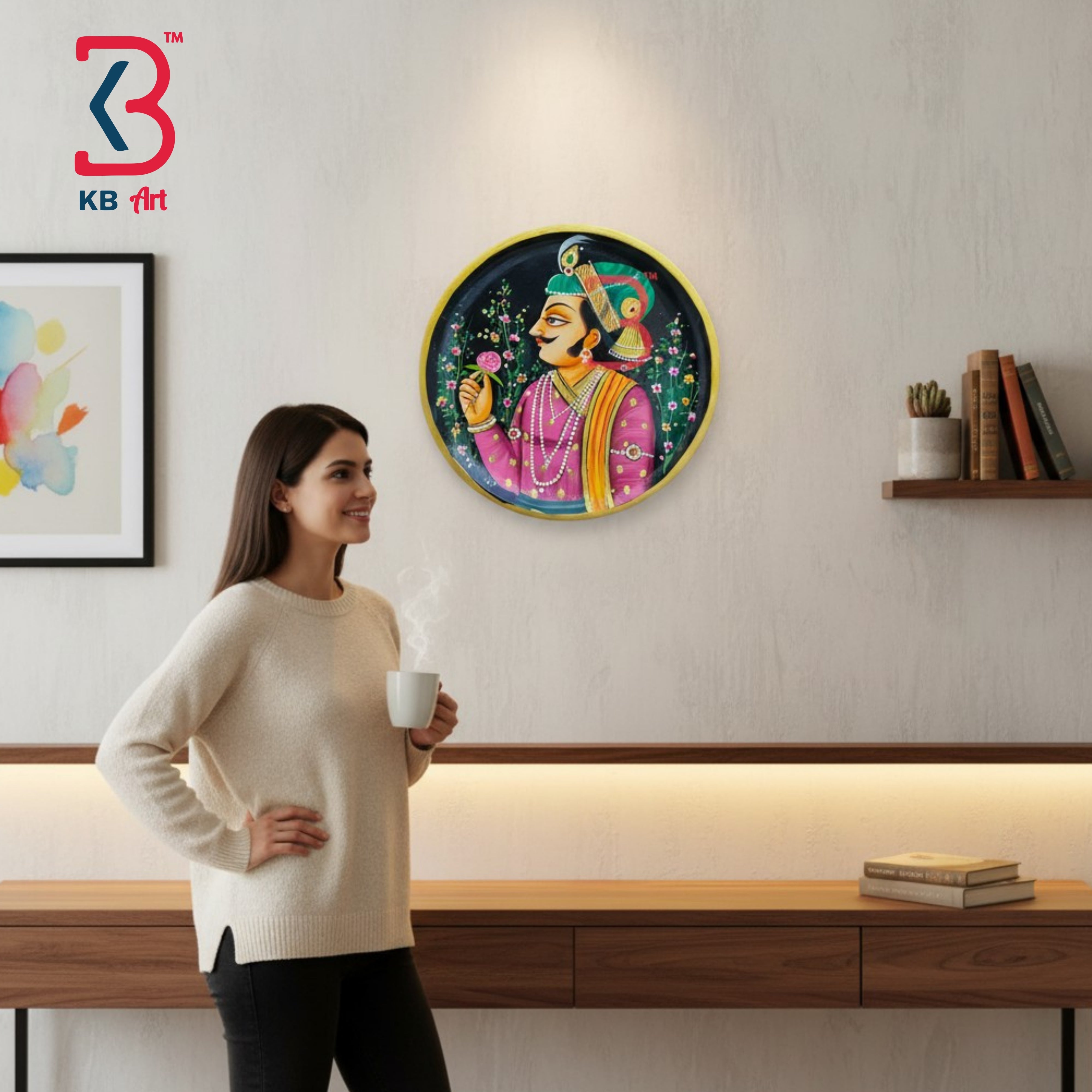 KB ART Decorative round wood 12 inch plate for drawing room raja kisangarh painting – original product photo on white...