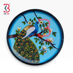 KB ART 12 Inch Handcrafted Wooden Wall Plate Royal Peacock Magnolia Blossoms Azure Blue Wall Decor