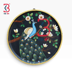 KB ART 12 Inch Handcrafted Wooden Wall Plate Royal Peacock Blooming Magnolia Midnight Black Wall Decor