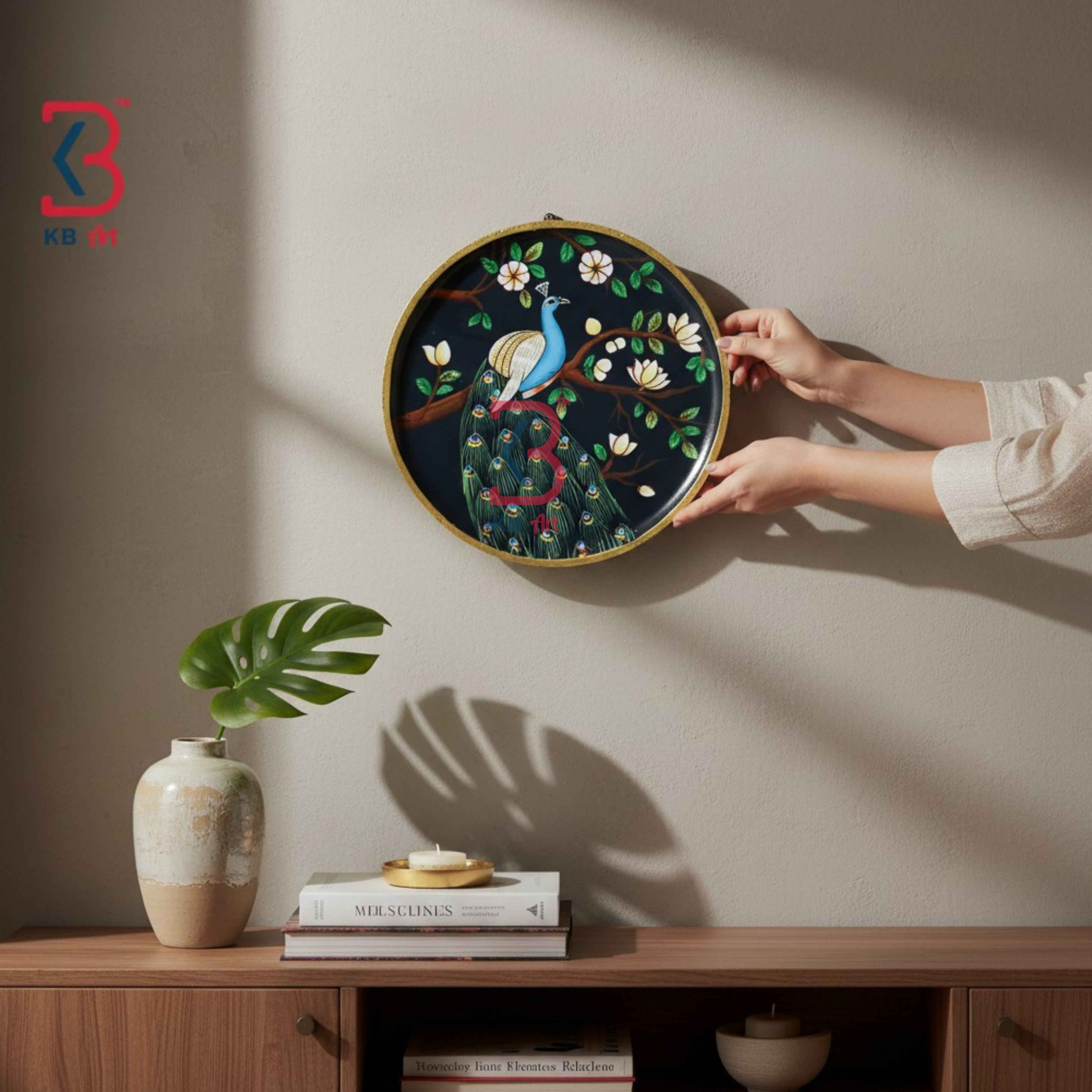 KB ART 12 Inch Handcrafted Wooden Wall Plate Royal Peacock Blooming Magnolia Midnight Black Wall Decor