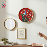 KB ART 12 Inch Handcrafted Wooden Wall Plate Royal Peacock Magnolia Blossoms Crimson Red Wall Decor