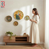 KB ART 12 Inch Handcrafted Wooden Wall Plate Royal Peacock Amber Yellow Tree Traditional Wall Decor