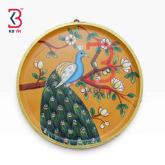 KB ART 12 Inch Handcrafted Wooden Wall Plate Royal Peacock Amber Yellow Tree Traditional Wall Decor