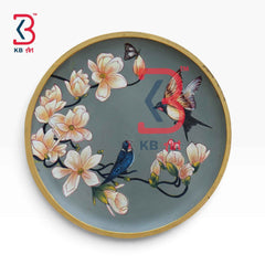 KB ART 12 Inch Handcrafted Wooden Wall Plate Songbirds Magnolia Butterfly Slate Grey Wall Decor