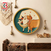 KB ART 12 Inch Handcrafted Wooden Wall Plate Pichwai Kamdhenu Cow and Calf Teal Green Traditional Wall Decor