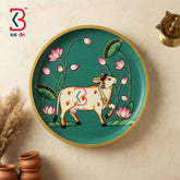 KB ART 12 Inch Handcrafted Wooden Wall Plate Pichwai Sacred Cow Lotus Pond Emerald Green Wall Decor
