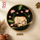 KB ART 12 Inch Handcrafted Wooden Wall Plate Pichwai Kamdhenu Cow Calf Lotus Midnight Black Wall Decor