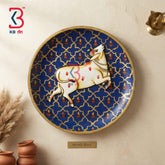 KB ART 12 Inch Handcrafted Wooden Wall Plate Pichwai Prancing Cow Gold Jali Deepam Royal Blue Wall Decor