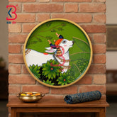 KB ART 12 Inch Handcrafted Wooden Wall Plate Pichwai Sacred Cow Banana Leaves Chartreuse Wall Decor
