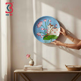 KB ART 12 Inch Handcrafted Wooden Wall Plate Pichwai Resting Sacred Cow Pink Lotuses Sky Blue Wall Decor
