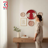 KB ART 12 Inch Handcrafted Wooden Wall Plate Pichwai Twin Prancing Cows Dotted Rim Crimson Wall Decor