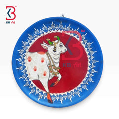 KB ART 12 Inch Handcrafted Wooden Wall Plate Pichwai Sacred Cow Crimson Red Blue Lace Border Wall Decor