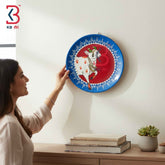 KB ART 12 Inch Handcrafted Wooden Wall Plate Pichwai Sacred Cow Crimson Red Blue Lace Border Wall Decor