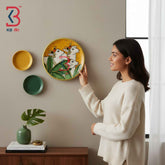 KB ART 12 Inch Handcrafted Wooden Wall Plate Pichwai Trio Cows Banana Leaves Mustard Yellow Wall Decor