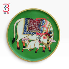 KB ART 12 Inch Handcrafted Wooden Wall Plate Pichwai Kamdhenu Cow Calf Emerald Green Field Wall Decor