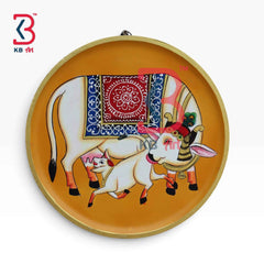 KB ART 12 Inch Handcrafted Wooden Wall Plate Pichwai Kamdhenu Cow Calf Amber Yellow Wall Decor