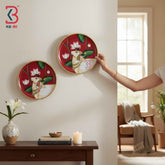 KB ART 12 Inch Handcrafted Wooden Wall Plate Pichwai Sacred Cow Lotus Pond Crimson Red Wall Decor