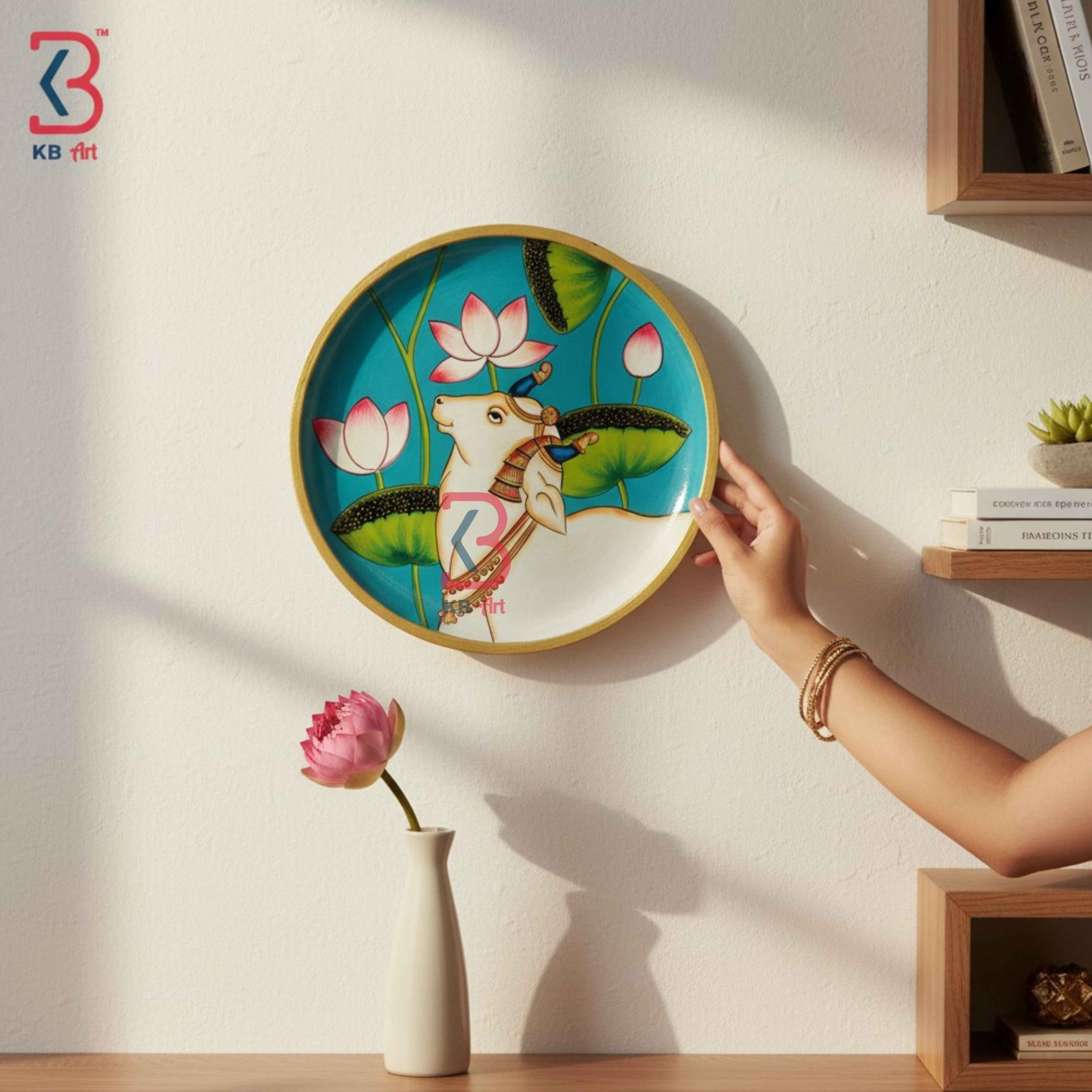 KB ART 12 Inch Handcrafted Wooden Wall Plate Pichwai Sacred Cow Lotus Pond Turquoise Blue Wall Decor