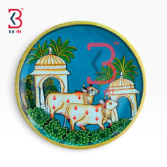 KB ART Embossed painted wood pichwai cow plate hanging – styled home decor lifestyle view